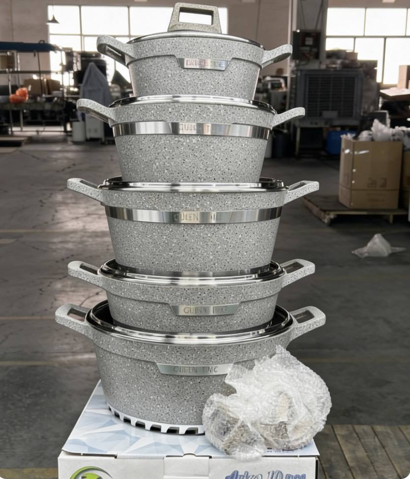 📣 [Factory wholesale price] Luxury 10Pcs Granite Coating Cast Aluminum Cookware Set 20 24 28 32cm Casserole and 28cm Shallow Soup Pot