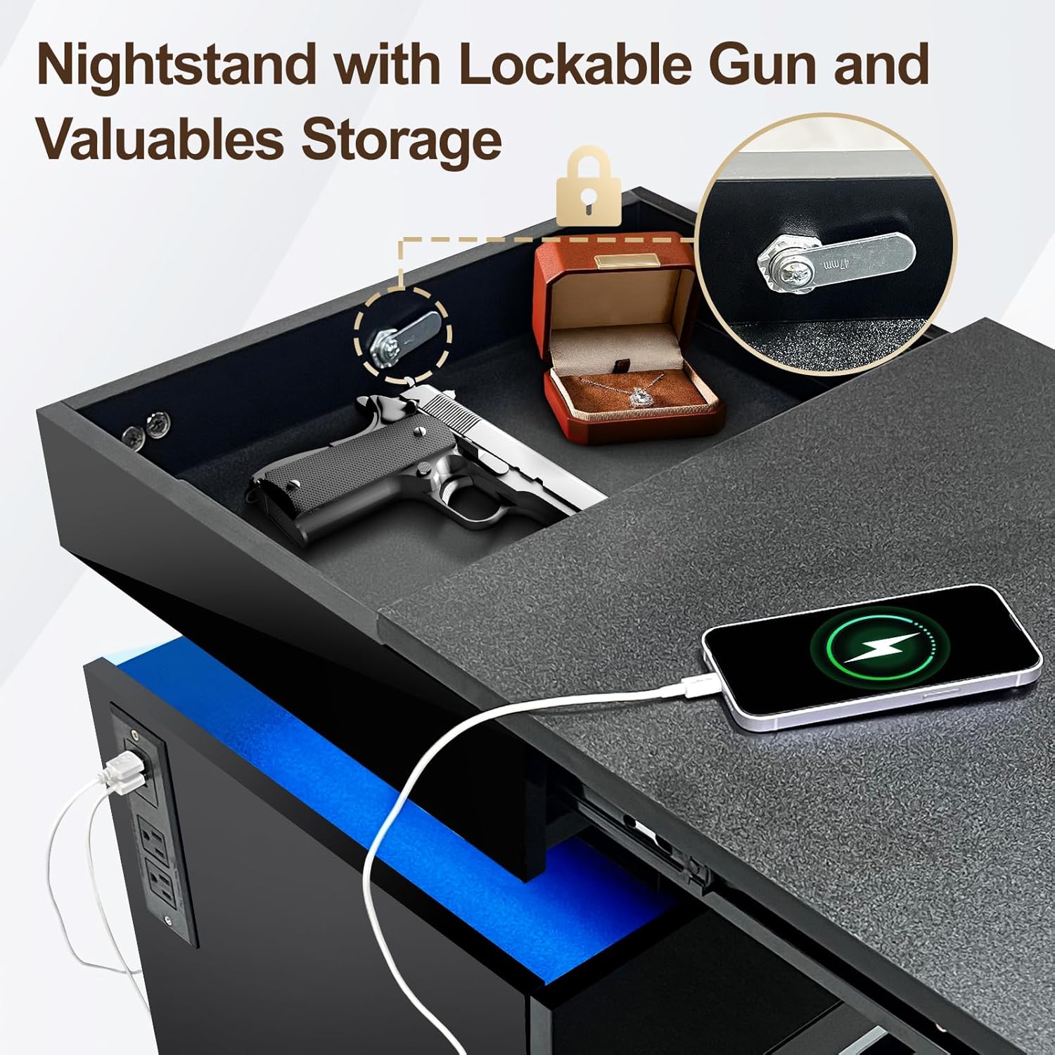 ❤️Local shipping, only GH₵ 359❤️Night Stand with Gun Drawer, Modern Nightstand with Led Lights and Hidden Compartment, Charging Bedside Table Nightstand with USB C Port Storage Shelves for Bedroom