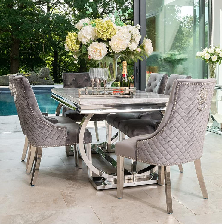 😍 Last 3 sets for clearance sale 😍 Arianna 1.8m Grey Marble Mirrored Dining Table and 6 Lion Head Chairs Set