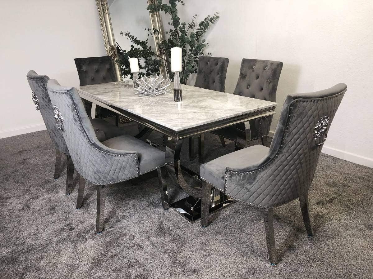 😍 Last 3 sets for clearance sale 😍 Arianna 1.8m Grey Marble Mirrored Dining Table and 6 Lion Head Chairs Set
