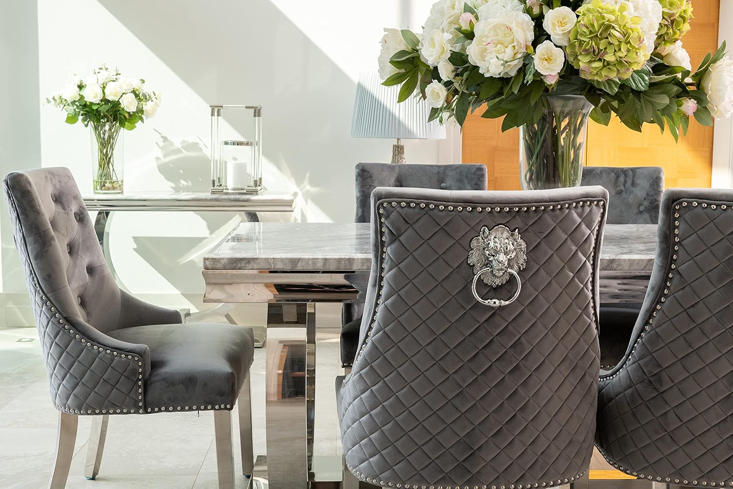 😍 Last 3 sets for clearance sale 😍 Arianna 1.8m Grey Marble Mirrored Dining Table and 6 Lion Head Chairs Set