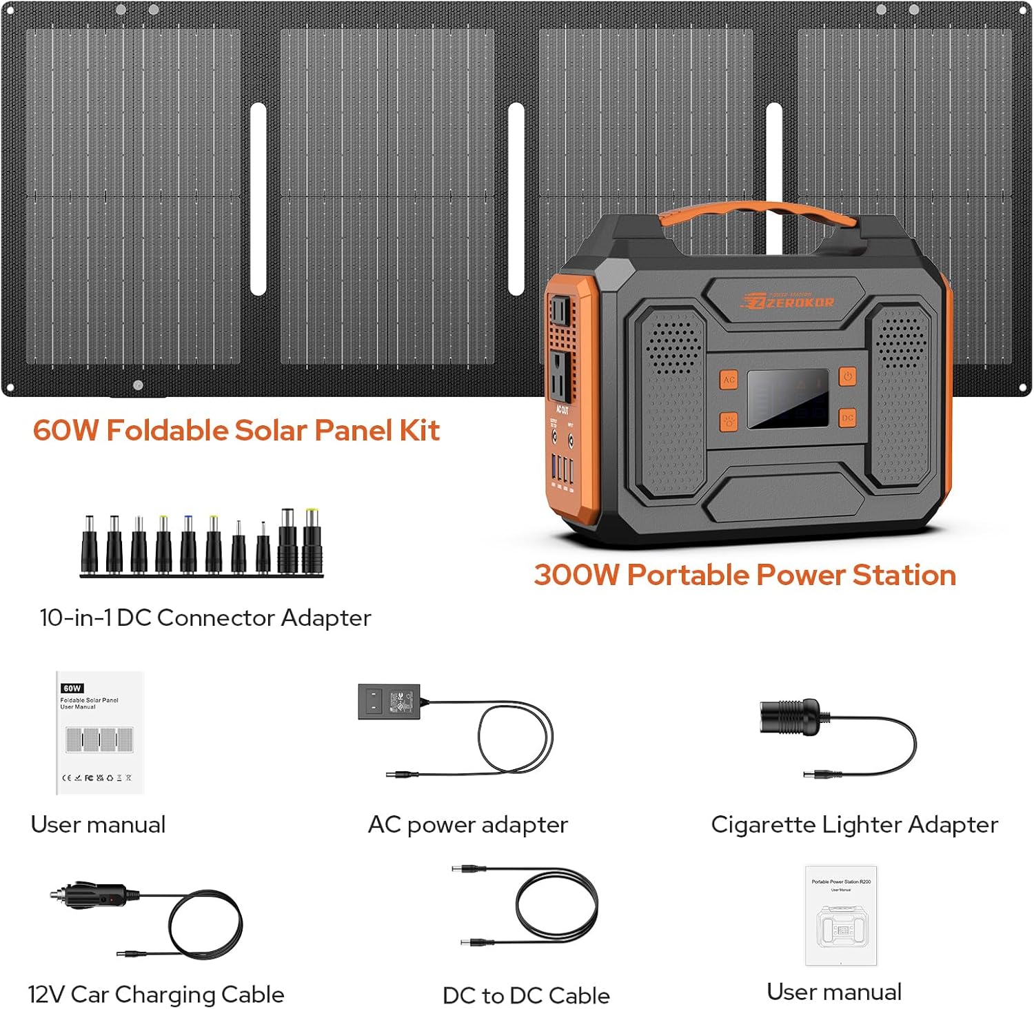 Portable Solar Generator, 300W Portable Power Station with Foldable 60W Solar Panel,110V Pure Sine Wave 280Wh Battery Power Pack with USB DC AC Outlet for Camping Smart Devices RV Van Outdoor-Orange