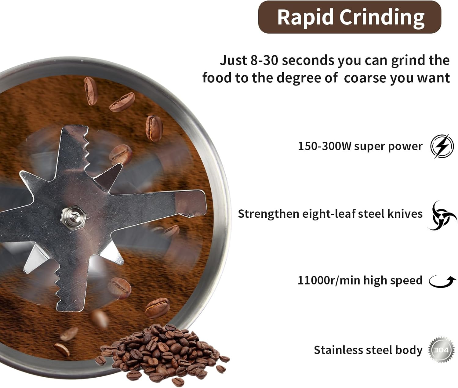 🔥【Only 99gh, last day!】Electric Coffee Grinders，150-300w Silver Spice Grinder, One-Button Operation to Grinder Coffee Beans, Spices, Dry Herbs, Nuts, etc.1 Plastic Brush and 1 Plastic Spoon Included