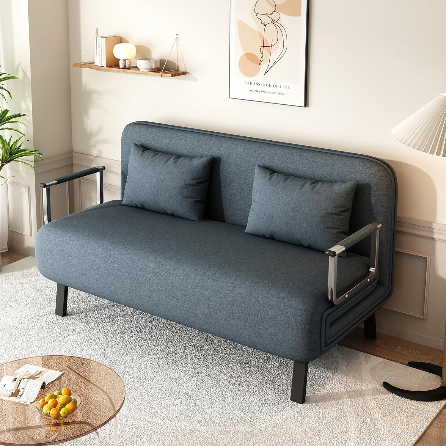 55″ Convertible Sleeper Sofa Bed 3-in-1 Velvet Futon Sofa Bed with Adjustable Backrest & Pillows Tri-Folding Chair Bed Leisure Chaise Lounge Couch with Sturdy Metal Frame for Home & Office