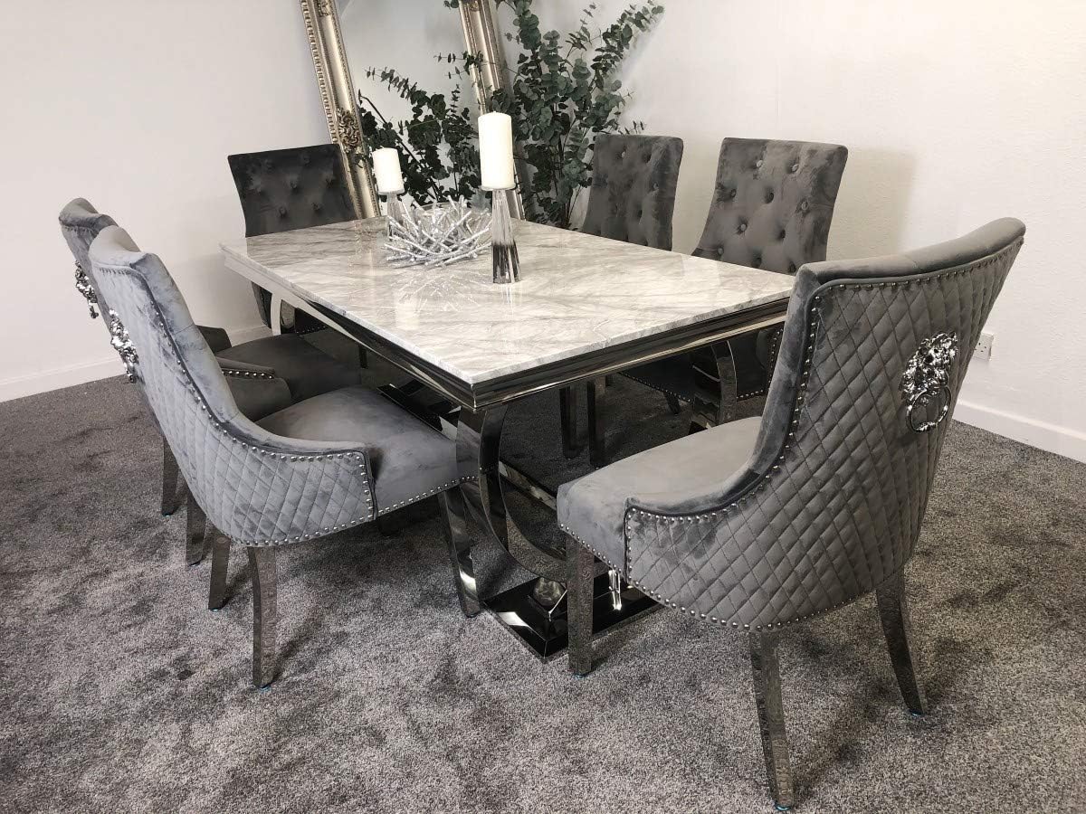 😍 Last 3 sets for clearance sale 😍 Arianna 1.8m Grey Marble Mirrored Dining Table and 6 Lion Head Chairs Set
