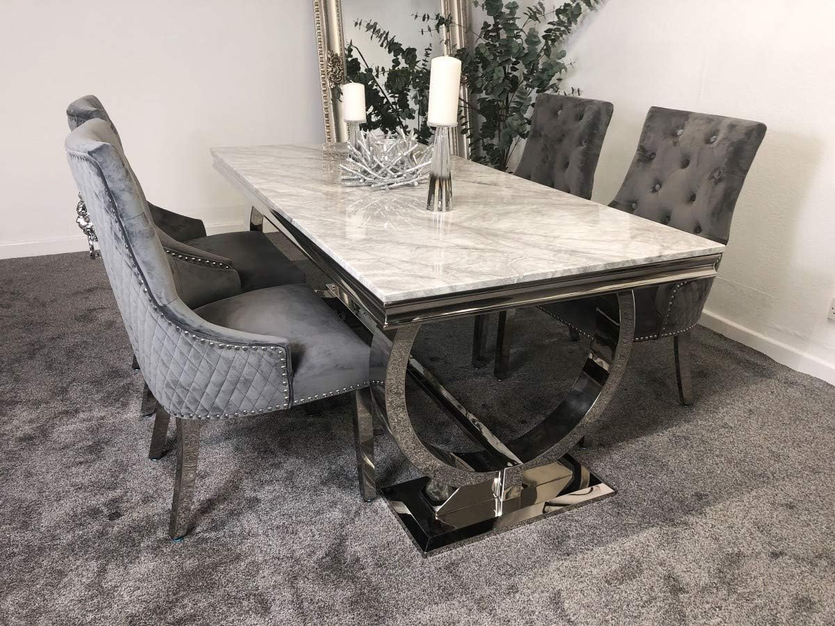 😍 Last 3 sets for clearance sale 😍 Arianna 1.8m Grey Marble Mirrored Dining Table and 6 Lion Head Chairs Set