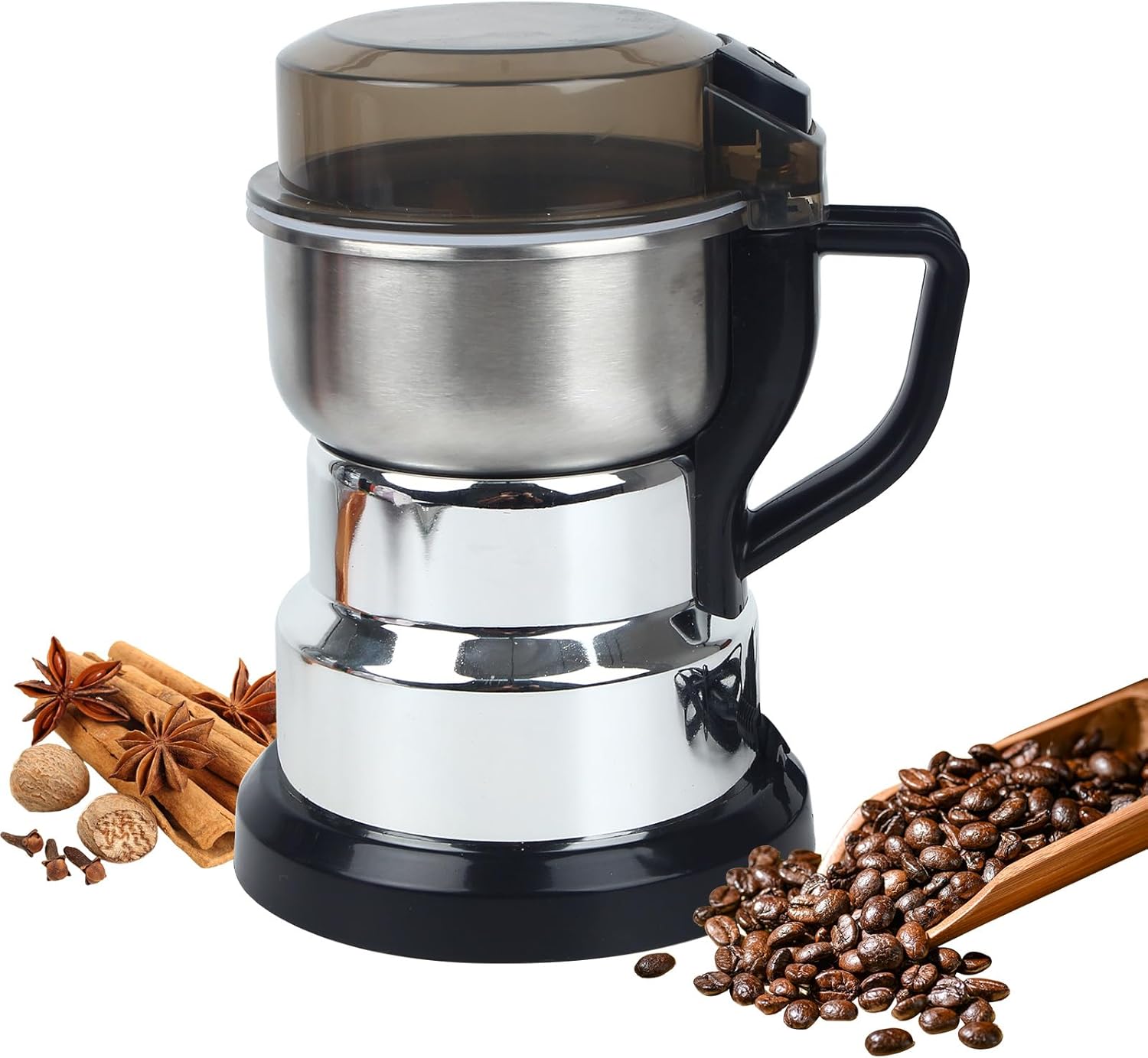 🔥【Only 99gh, last day!】Electric Coffee Grinders，150-300w Silver Spice Grinder, One-Button Operation to Grinder Coffee Beans, Spices, Dry Herbs, Nuts, etc.1 Plastic Brush and 1 Plastic Spoon Included