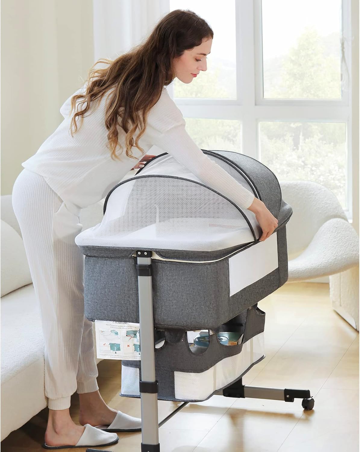 🔥【Final Discount - GH₵ 318】Ihoming Baby Bassinet Bedside Sleeper, Baby Bed Side Crib with Storage Basket, Easy Folding Bassinets, Adjustable Baby Bed for Infant Newborn