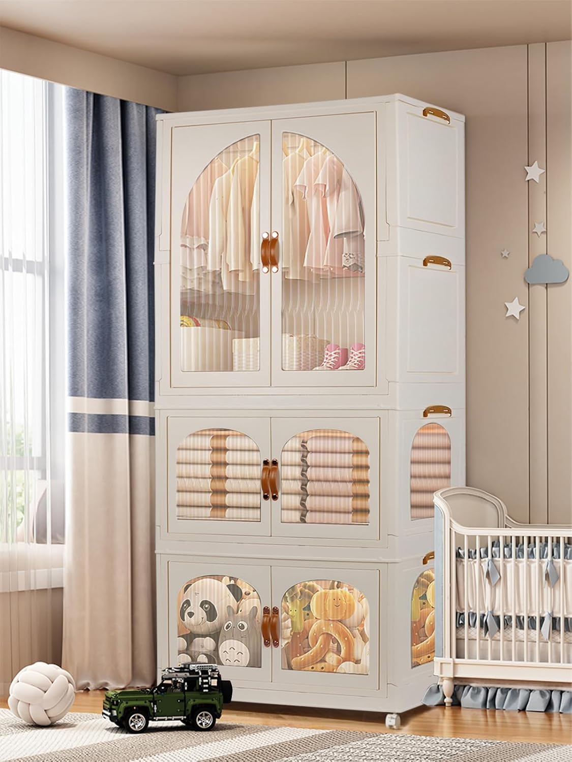 Kalolary Portable Kids Closet, Children's Wardrobe Collapsible Plastic Wardrobe with Wheels Foldable Baby Clothes Cabinet Toddler Dresser Storage Organizer with Hanging Rod & 10 Hangers