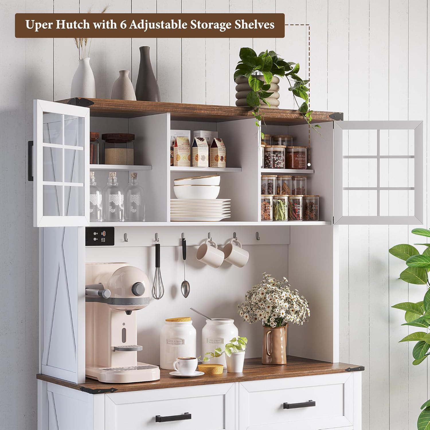 (Clearance price, only GH₵ 490) HWB Coffee Bar Cabinet with Power Outlets, Farmhouse Buffet Sideboard with Barn Door and 3 Color LED Lights, Home Liquor Bar w/Storage Shelves for Dining Room,Antique White