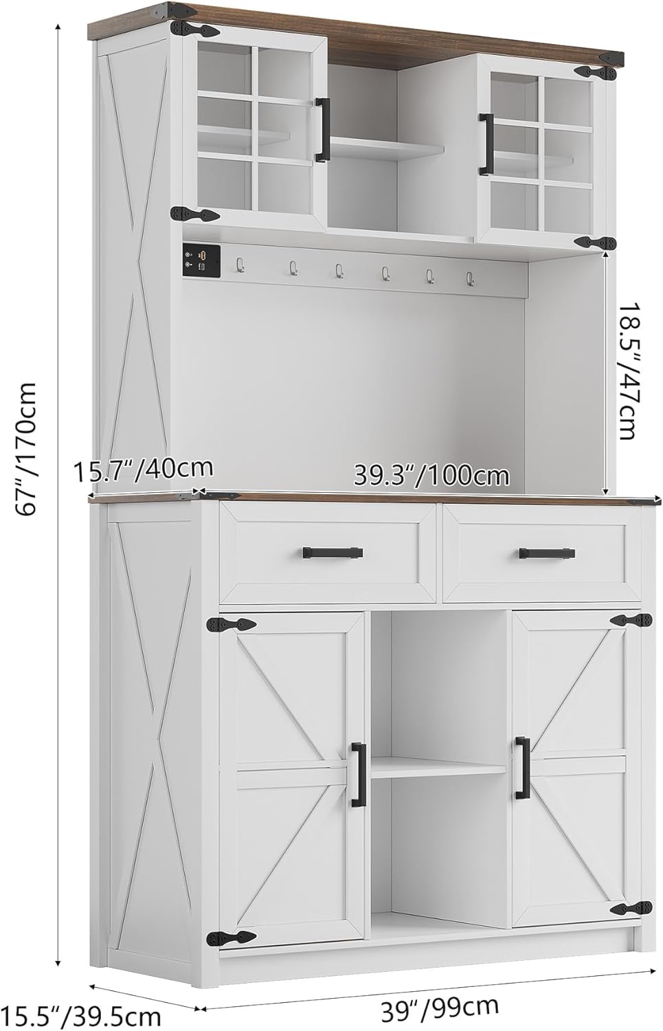 (Clearance price, only GH₵ 490) HWB Coffee Bar Cabinet with Power Outlets, Farmhouse Buffet Sideboard with Barn Door and 3 Color LED Lights, Home Liquor Bar w/Storage Shelves for Dining Room,Antique White