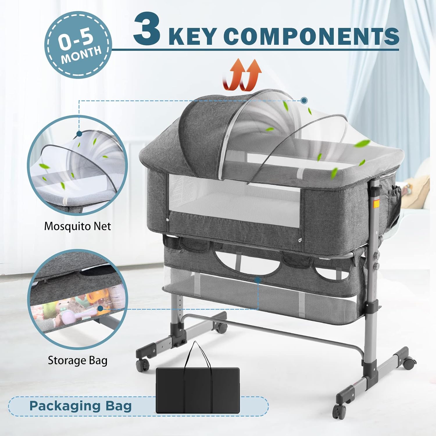 🔥【Final Discount - GH₵ 318】Ihoming Baby Bassinet Bedside Sleeper, Baby Bed Side Crib with Storage Basket, Easy Folding Bassinets, Adjustable Baby Bed for Infant Newborn