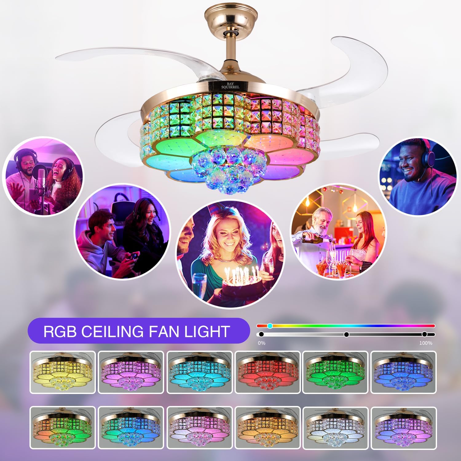 BAYSQUIRREL Retractable Crystal Ceiling Fan with Light, Bluetooth Ceiling Fan with Speaker, RGB-LED Light 6 Speed Reversible Low Profile Modern Invisible Ceiling Fan,Remote and APP Control