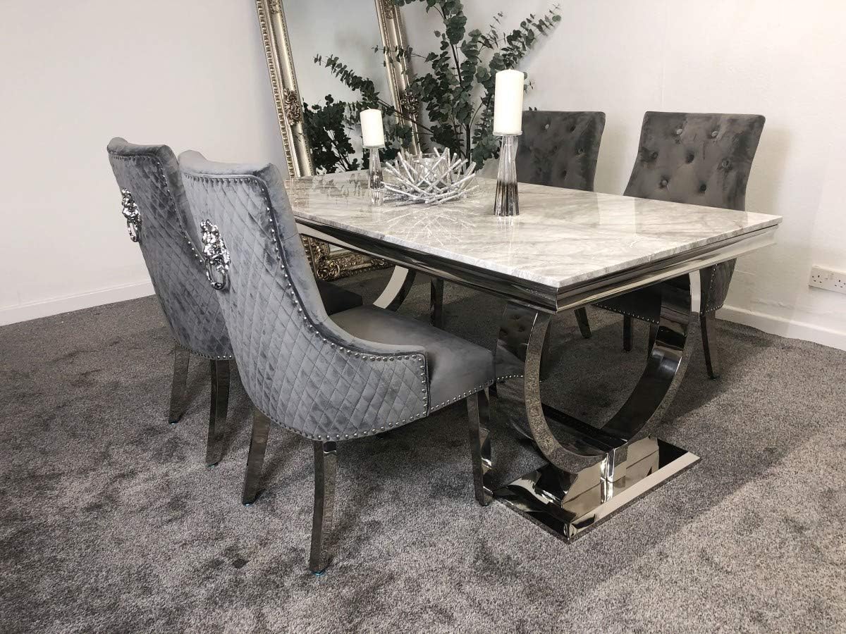 😍 Last 3 sets for clearance sale 😍 Arianna 1.8m Grey Marble Mirrored Dining Table and 6 Lion Head Chairs Set