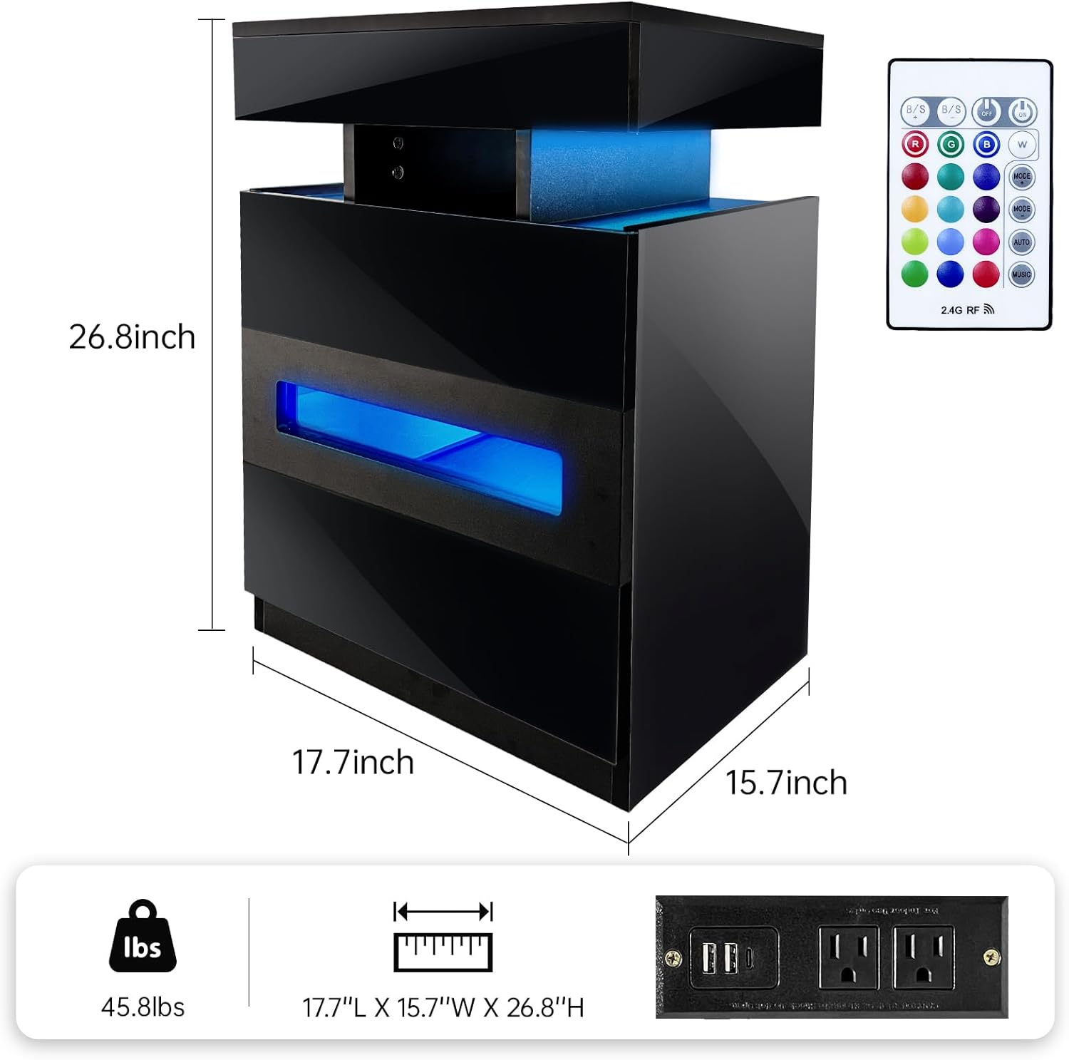 ❤️Local shipping, only GH₵ 359❤️Night Stand with Gun Drawer, Modern Nightstand with Led Lights and Hidden Compartment, Charging Bedside Table Nightstand with USB C Port Storage Shelves for Bedroom