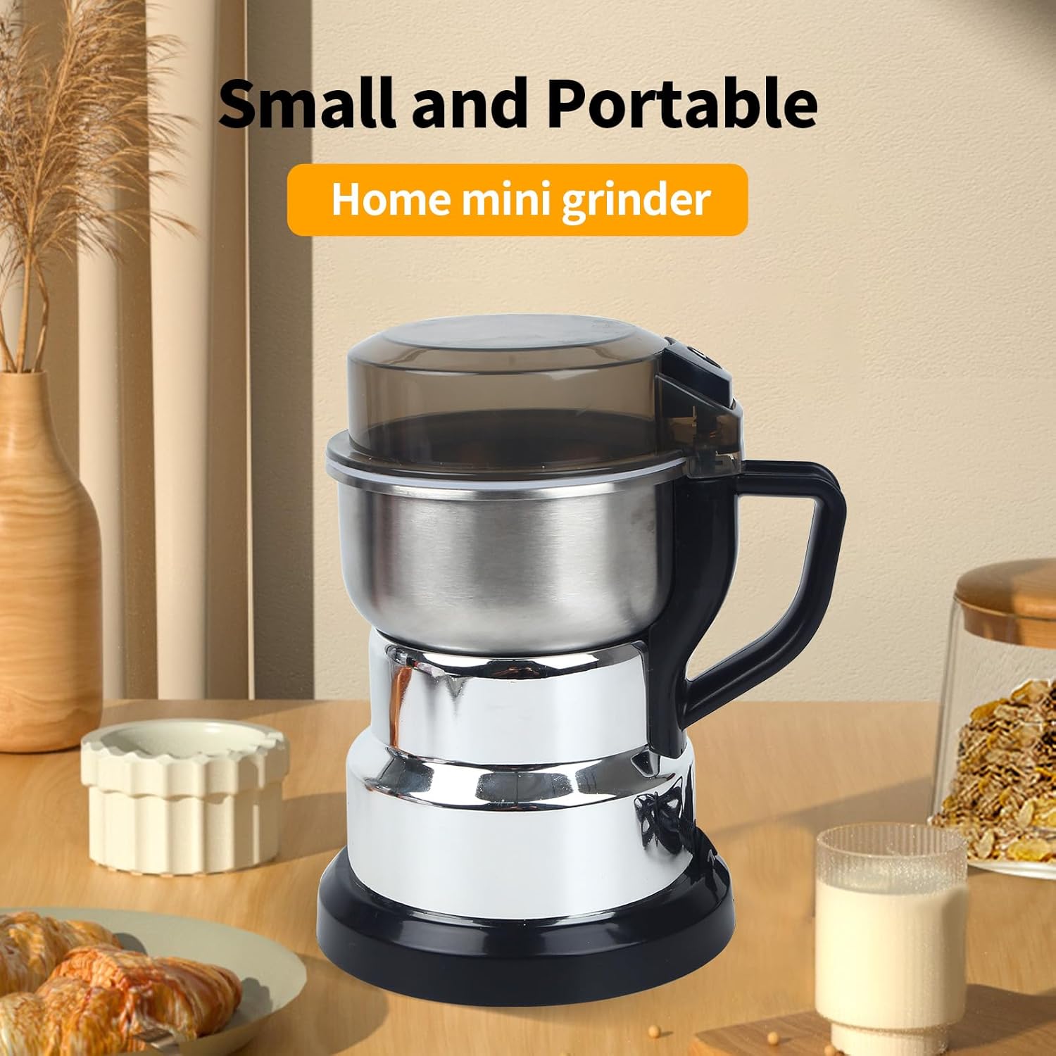 🔥【Only 99gh, last day!】Electric Coffee Grinders，150-300w Silver Spice Grinder, One-Button Operation to Grinder Coffee Beans, Spices, Dry Herbs, Nuts, etc.1 Plastic Brush and 1 Plastic Spoon Included