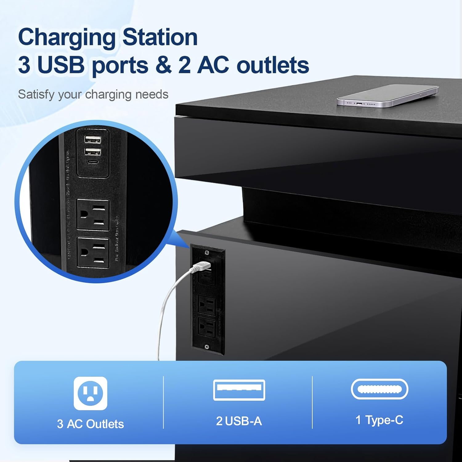 ❤️Local shipping, only GH₵ 359❤️Night Stand with Gun Drawer, Modern Nightstand with Led Lights and Hidden Compartment, Charging Bedside Table Nightstand with USB C Port Storage Shelves for Bedroom