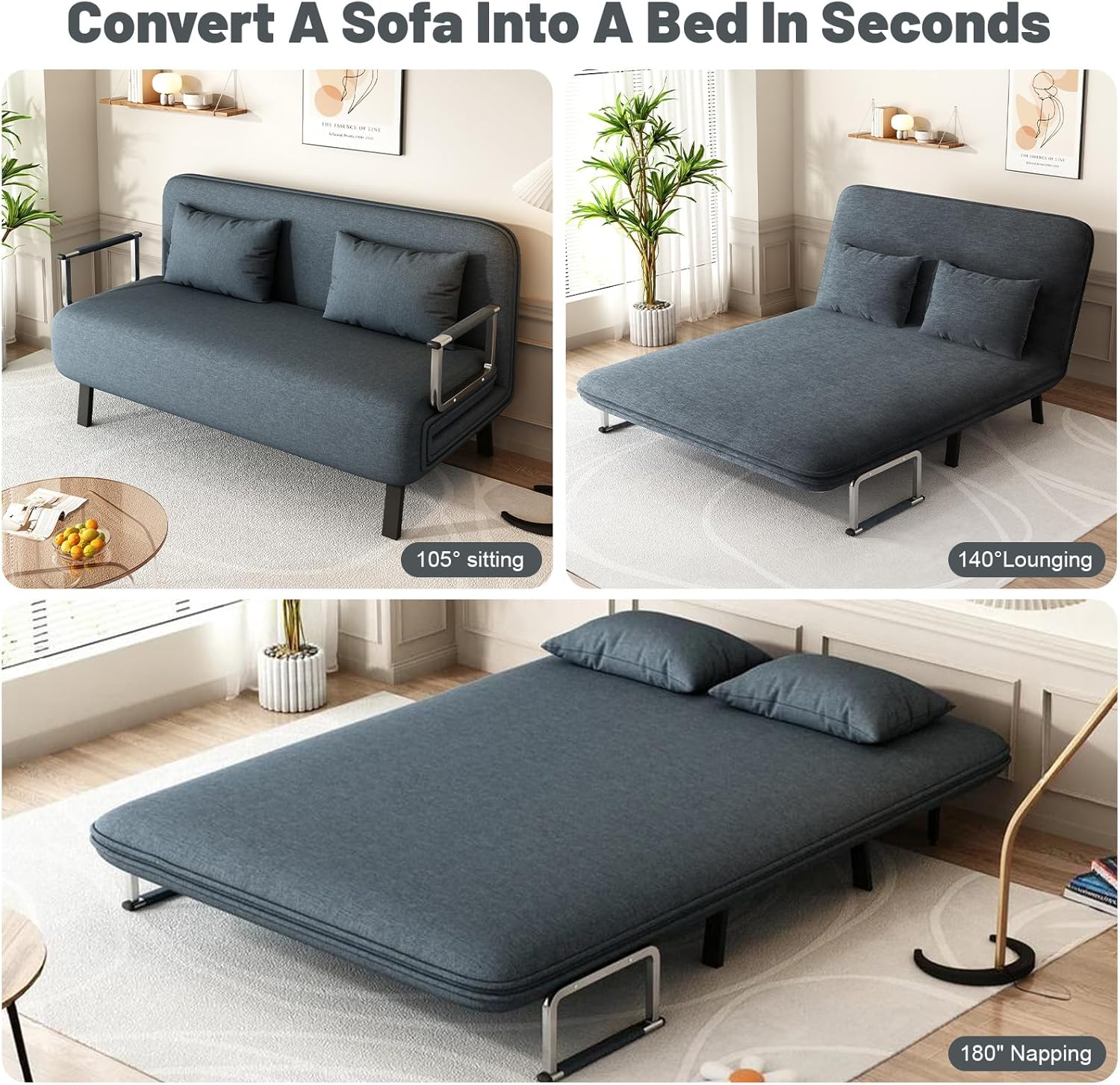 55″ Convertible Sleeper Sofa Bed 3-in-1 Velvet Futon Sofa Bed with Adjustable Backrest & Pillows Tri-Folding Chair Bed Leisure Chaise Lounge Couch with Sturdy Metal Frame for Home & Office