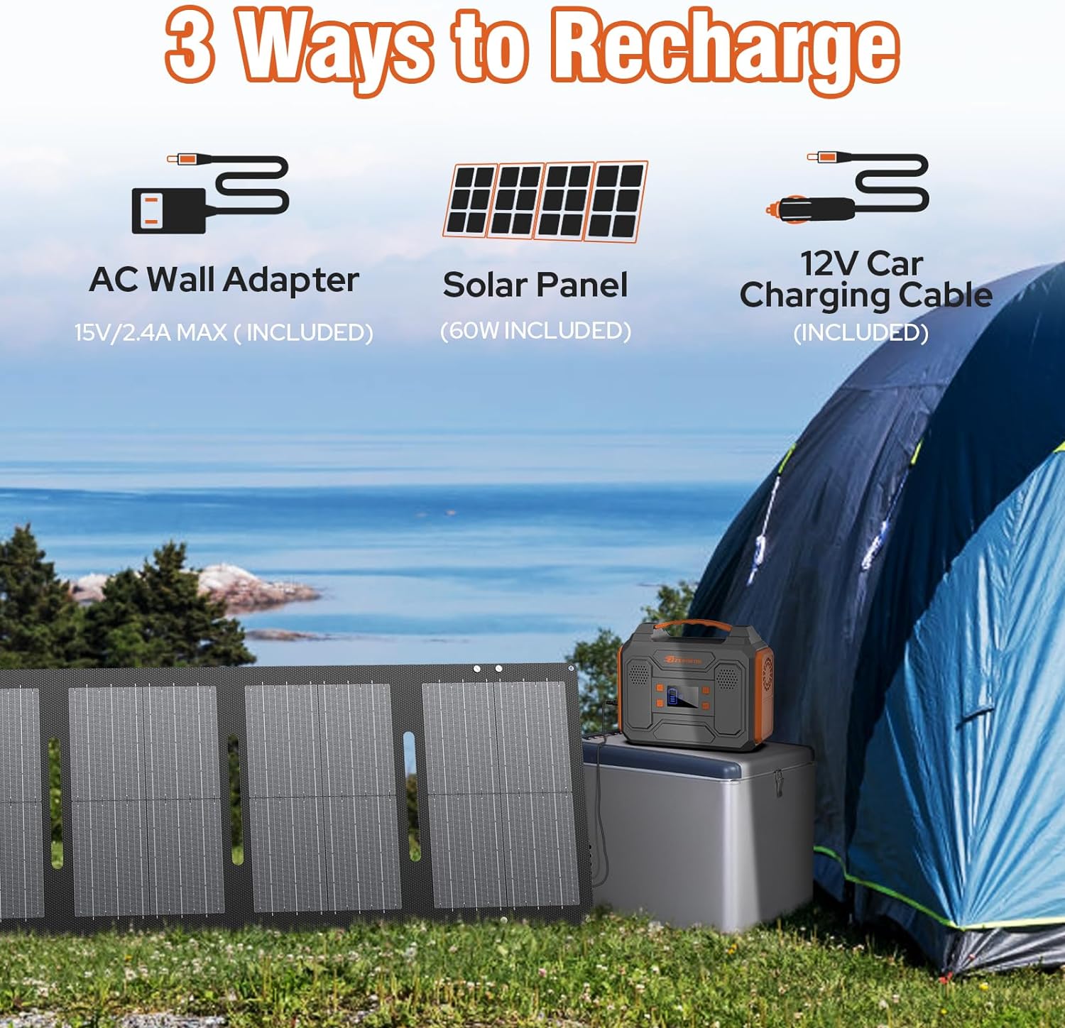 Portable Solar Generator, 300W Portable Power Station with Foldable 60W Solar Panel,110V Pure Sine Wave 280Wh Battery Power Pack with USB DC AC Outlet for Camping Smart Devices RV Van Outdoor-Orange