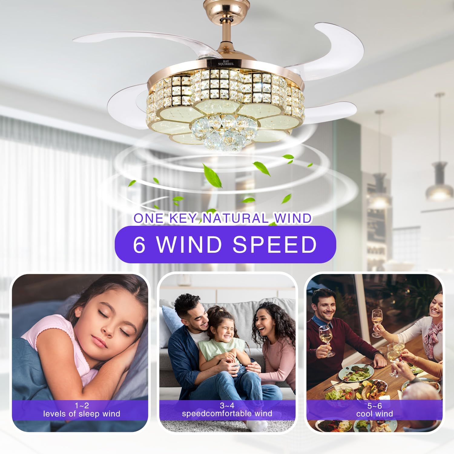 BAYSQUIRREL Retractable Crystal Ceiling Fan with Light, Bluetooth Ceiling Fan with Speaker, RGB-LED Light 6 Speed Reversible Low Profile Modern Invisible Ceiling Fan,Remote and APP Control