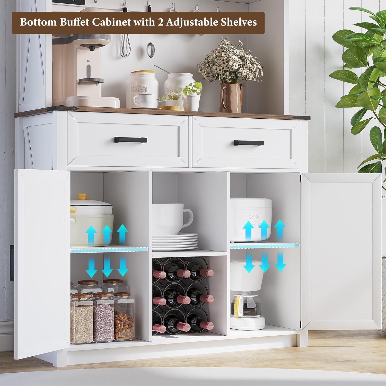 (Clearance price, only GH₵ 490) HWB Coffee Bar Cabinet with Power Outlets, Farmhouse Buffet Sideboard with Barn Door and 3 Color LED Lights, Home Liquor Bar w/Storage Shelves for Dining Room,Antique White