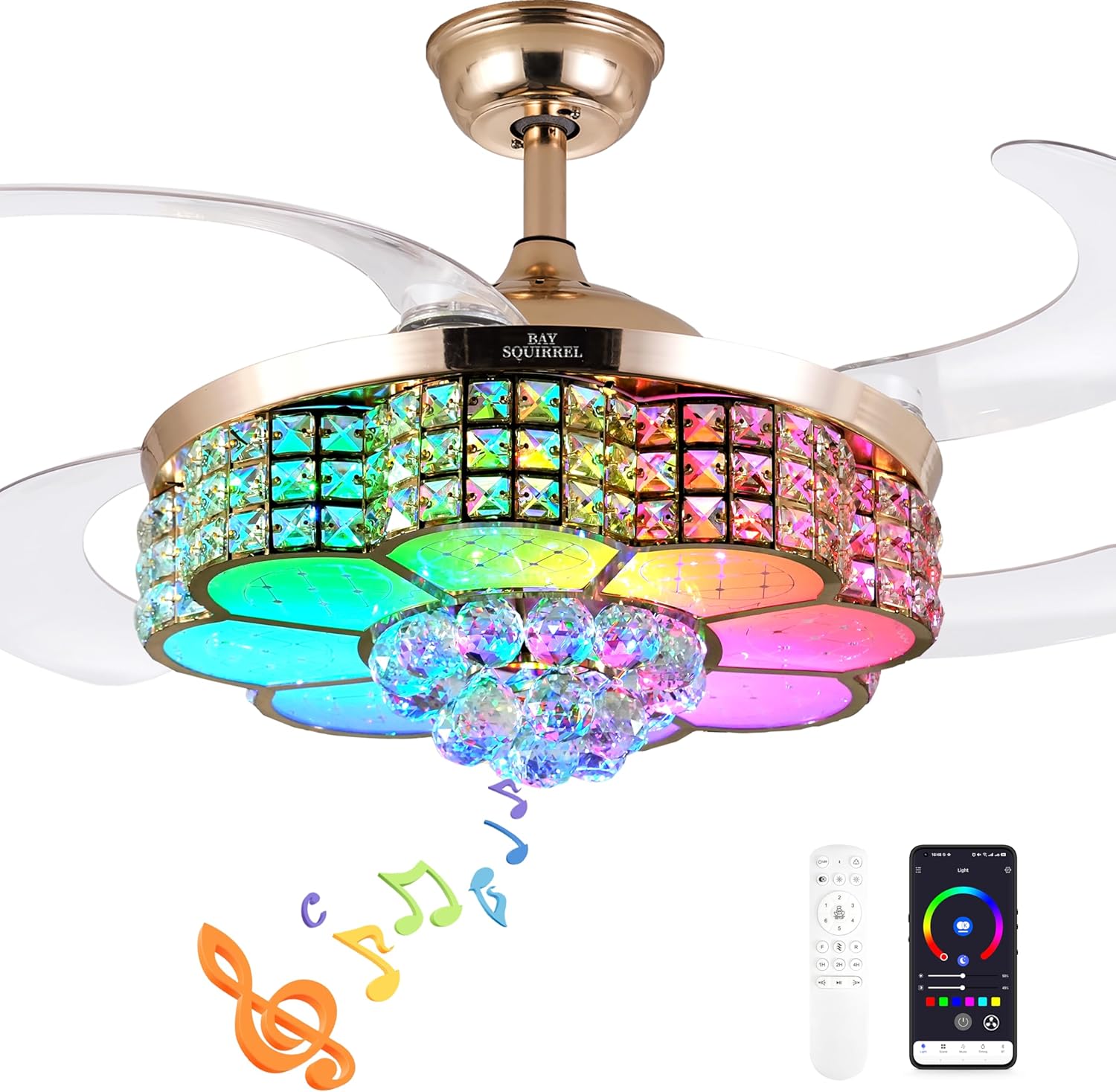 BAYSQUIRREL Retractable Crystal Ceiling Fan with Light, Bluetooth Ceiling Fan with Speaker, RGB-LED Light 6 Speed Reversible Low Profile Modern Invisible Ceiling Fan,Remote and APP Control