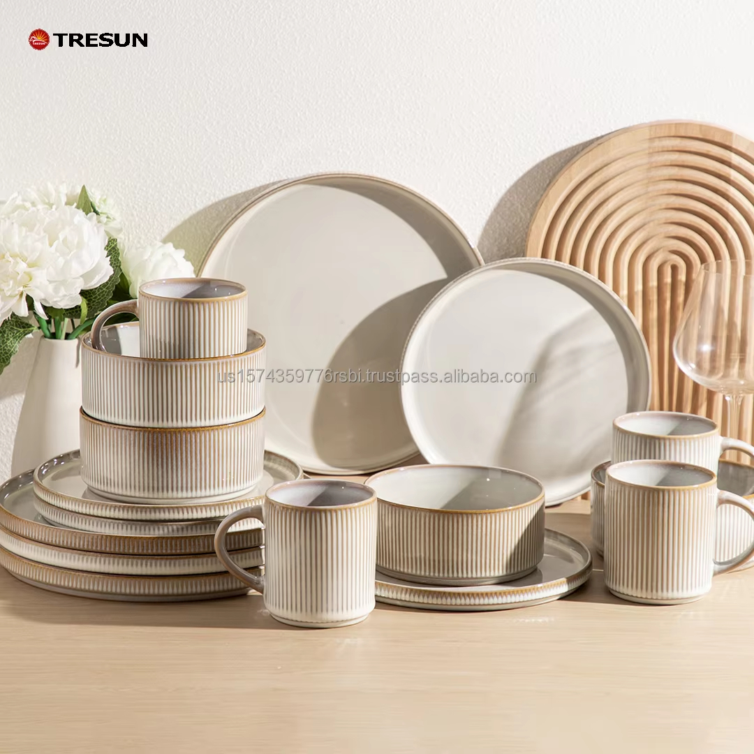 16-Piece Deluxe Reactive Glaze White Embossed Stone Dinnerware Set