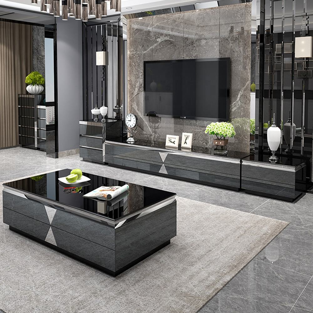 Modern luxury white, black, and gold glass TV cabinet and center coffee table set, TV console, living room furniture support