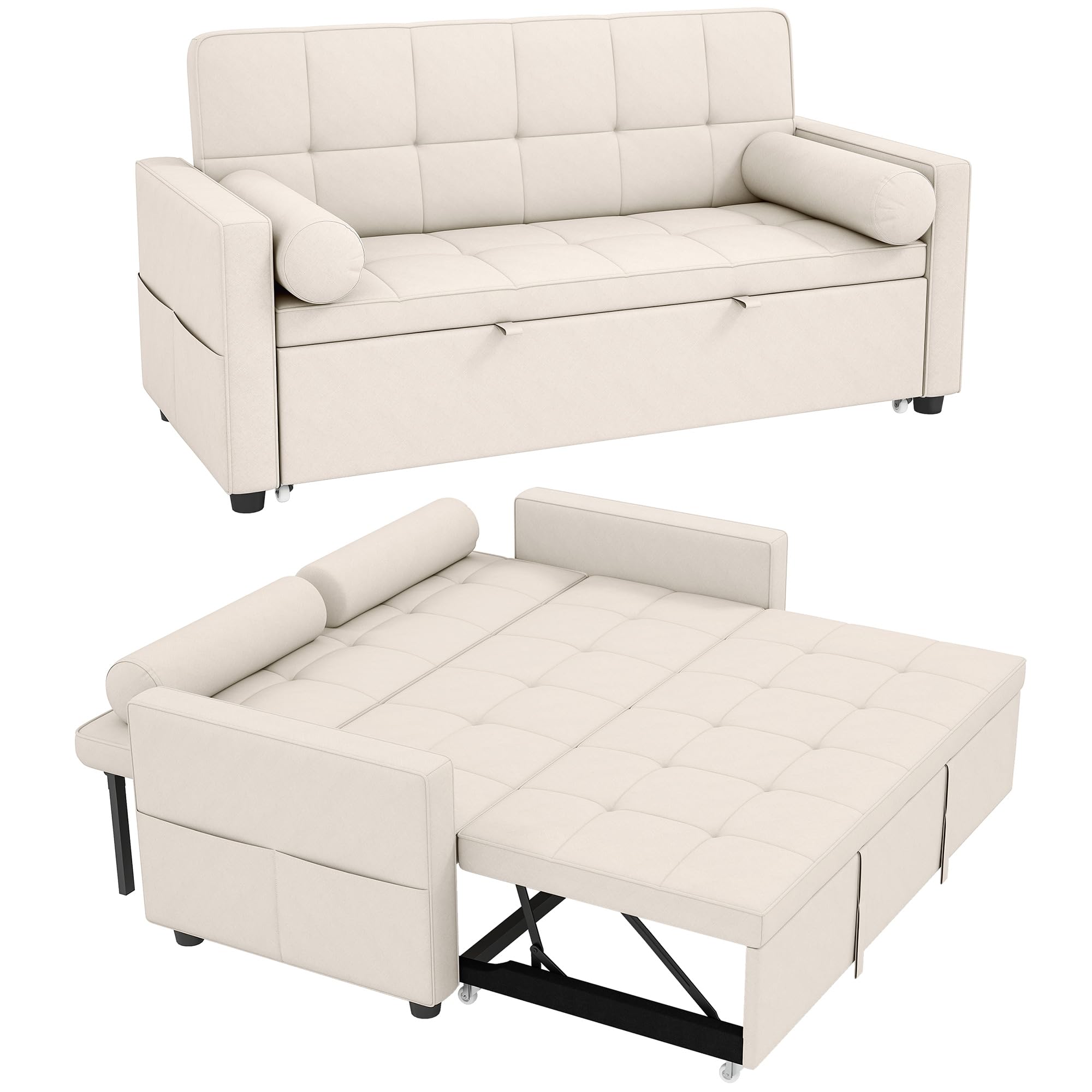 HOMCOM 2 Seater Sofa Bed 3 in 1 Upholstered Sofa Bed, Double Trundle Bed, Adjustable Backrest, 2 Cushions and Armrest Pockets, Linen Look Fabric, Beige