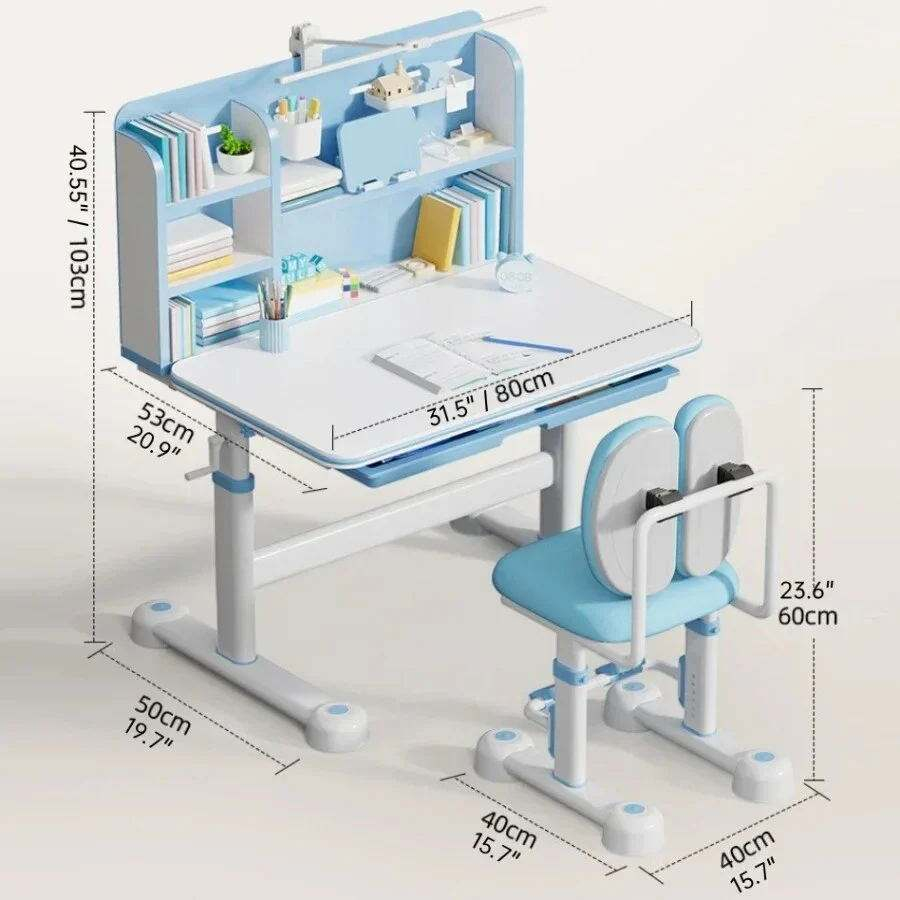 Adjustable height study desk and chair set for elementary school students to do homework and study at home