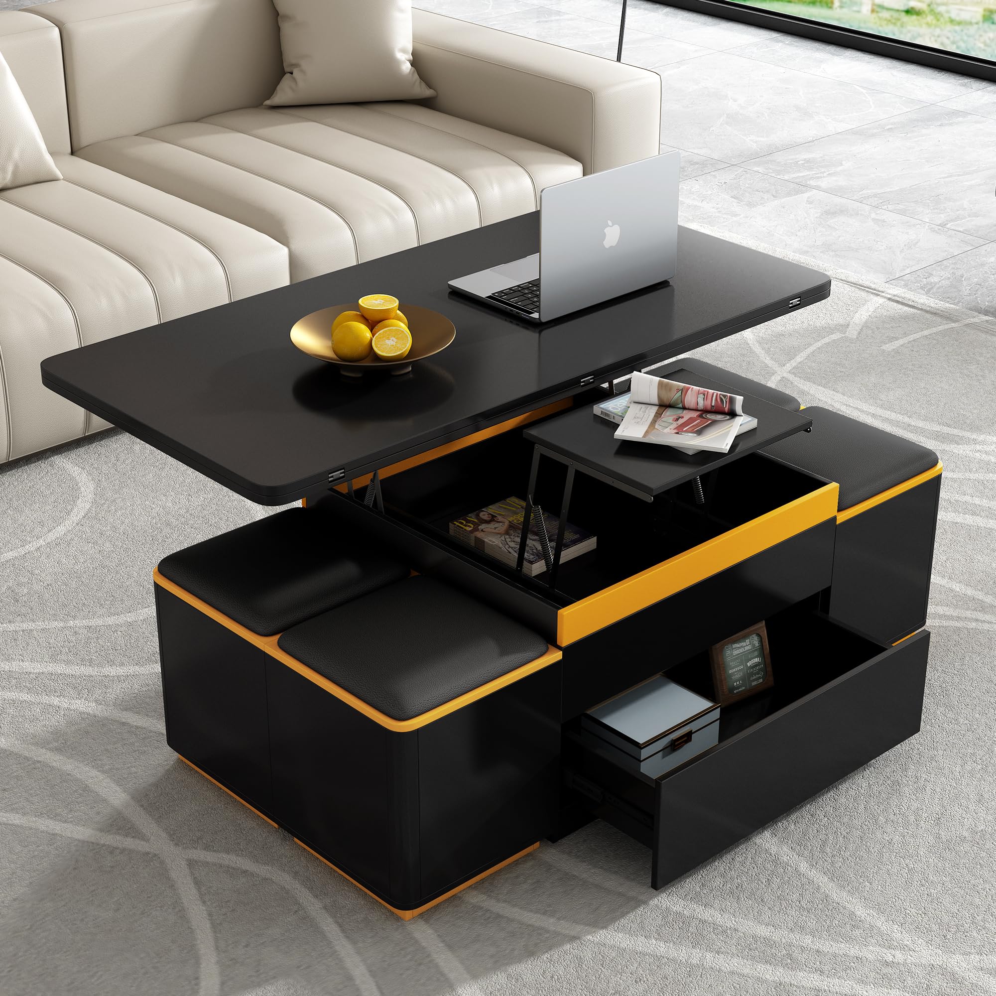 Lift Top Coffee Table with 4 Storage Stools & Hidden Compartment, Modern High Glossy Coffee Center Table Foldable Dining Table for Living Room, Small Space, Home Apartment