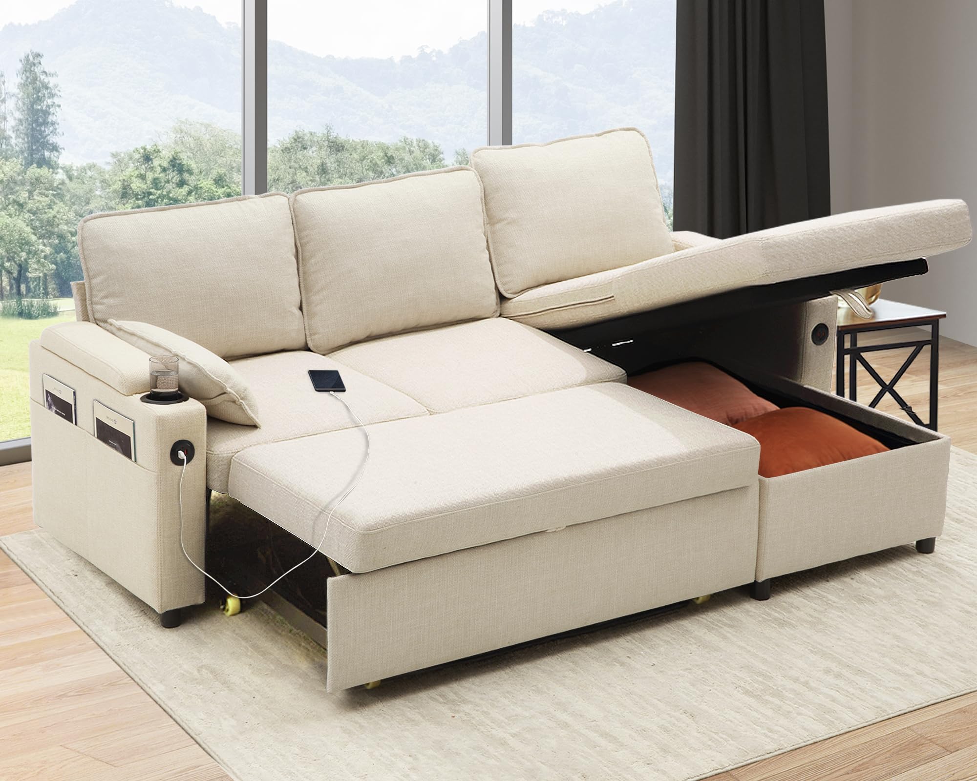 DURASPACE Sofa Bed Sleeper Pull Out 2 In 1 Sectional Sleeper Sofa Couches With Storage,USB, Cup Holder,Pullout Sectional Couches For Apartment Living Room Beige