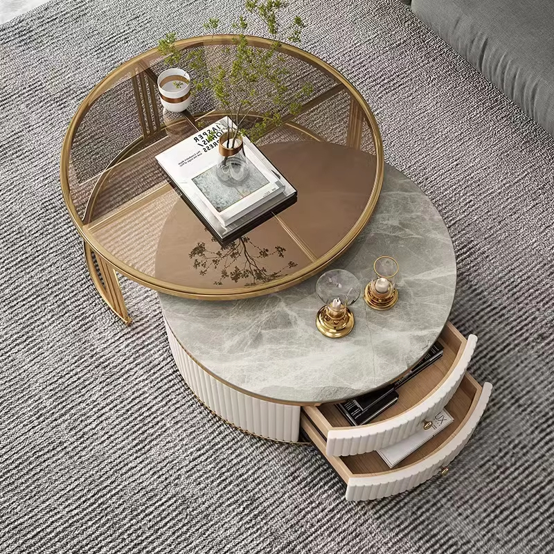 Modern Nordic style metal coffee table, made of medium-density fiberboard, wood, and glass