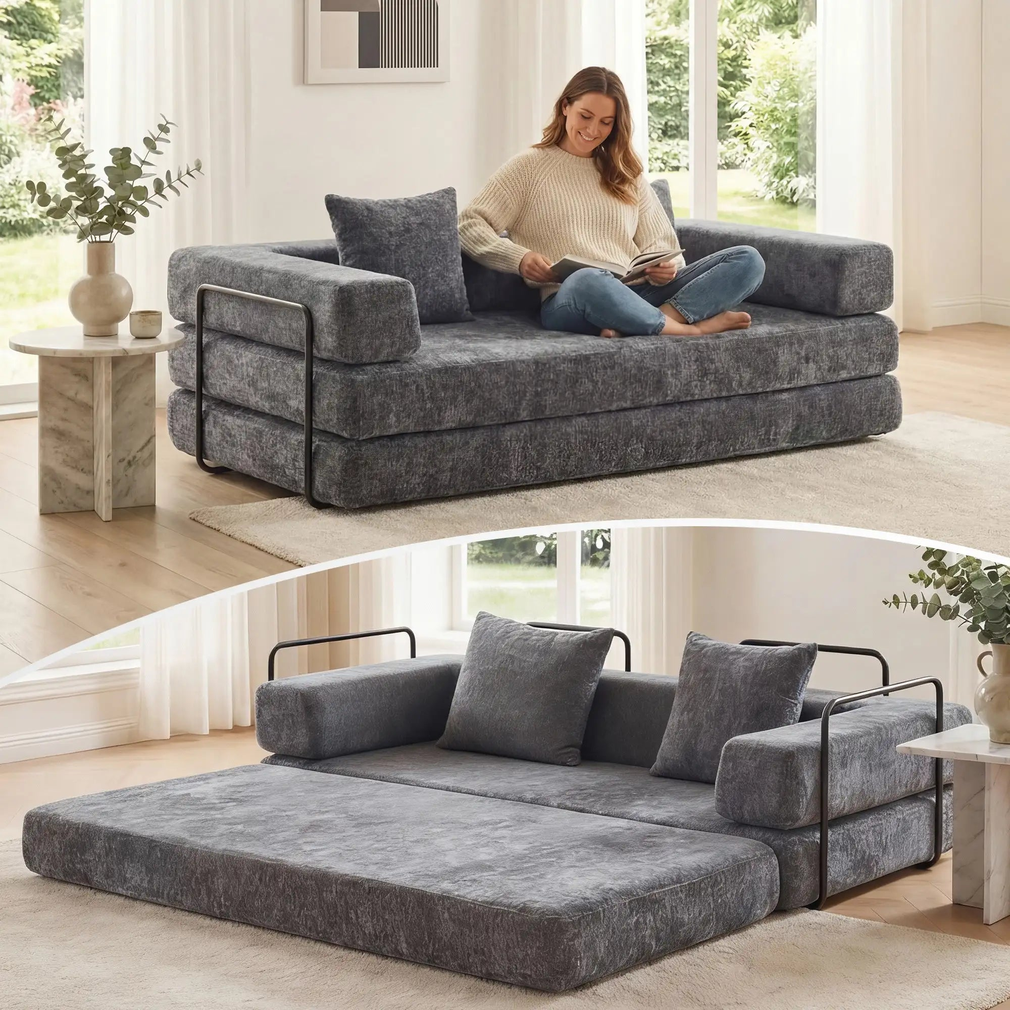 Floor Sofa Bed Convertible with Pillow Back Chenille Fabric for Living Room Bedroom