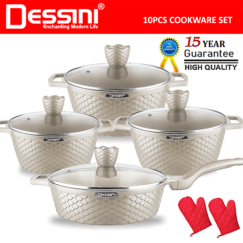 DESSINI ITALY GGF-10-S 10 Pcs Casserole Die Cast Aluminium Non Stick Pot Bowl Deep Fry Pan Cookware Tool PERIUK