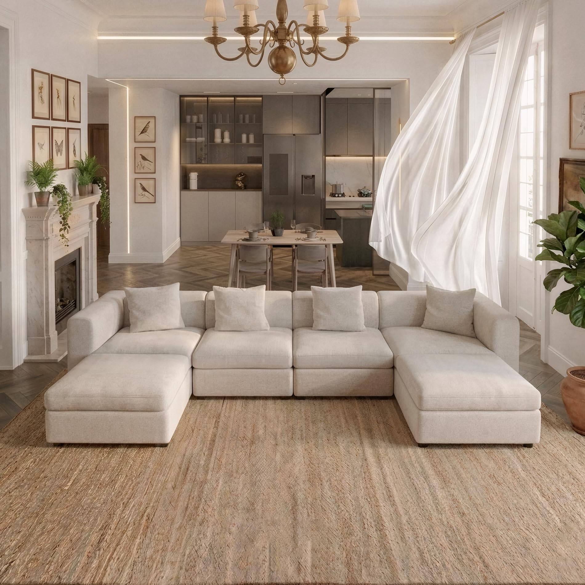 Miuuod 6-Seater L/U-Shaped Oversized Sectional Sofa for Living Room – Includes 4 Seats and 2 Ottomans, Converts to Oversized Sleeper Sofa, Deep Seating, Beige