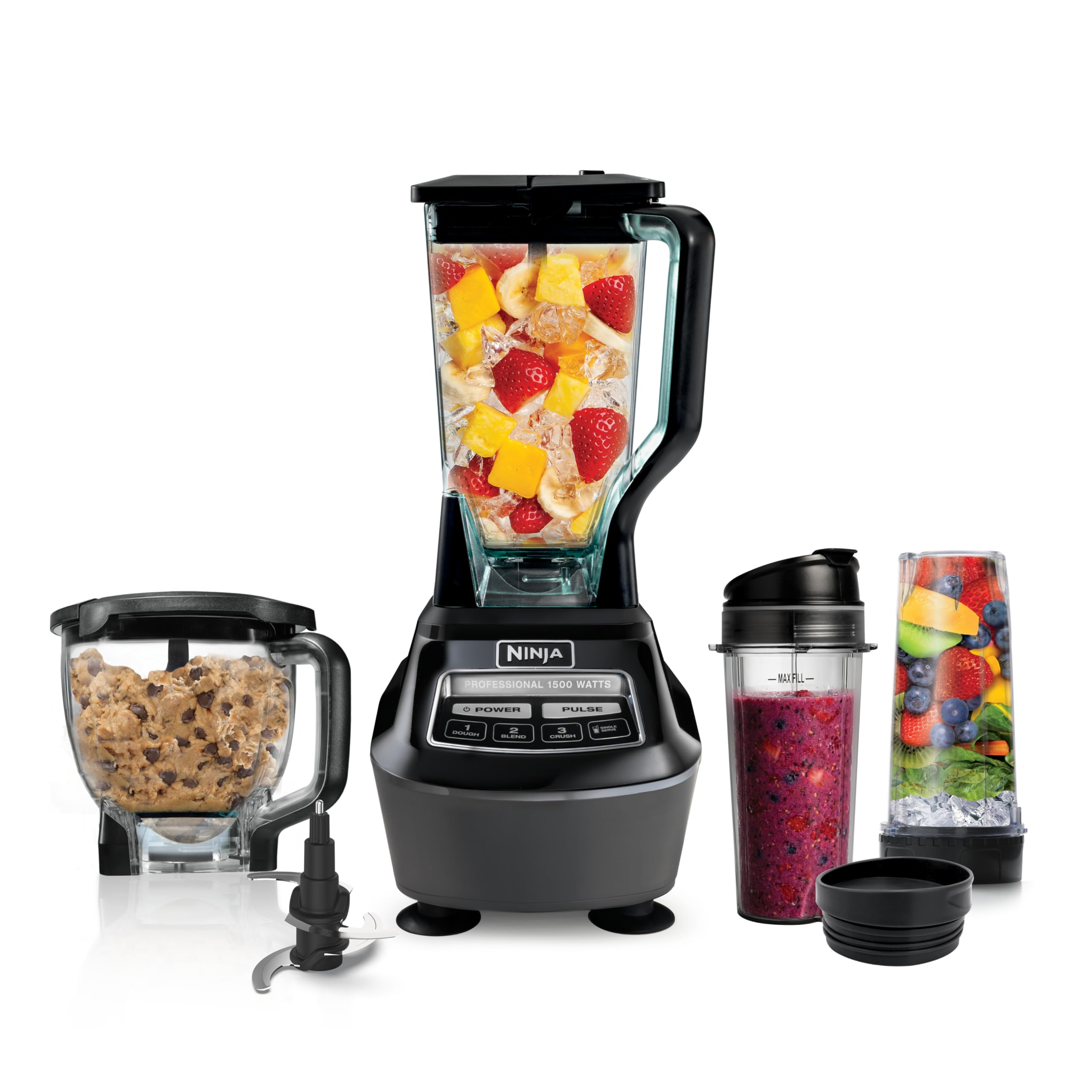Ninja Blender, Mega Kitchen System, 1500W, 4 functions for smoothies, food processing, dough, drinks, and more; includes 72 oz. pitcher, 64 oz. processor bowl, 2 Nutri cups with lids; Black, BL770
