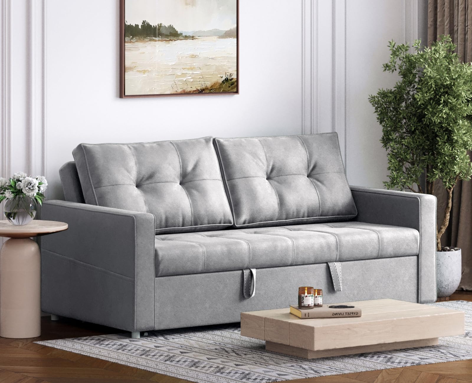 uberlyfe Zouch 3-Seater Wooden Sofa-Lounger-Bed | Bed Size - 6 ft x 6.5 ft | Water Resistant Velvet Fabric, Light Grey | Solid Wood Frame | 2-Year Warranty
