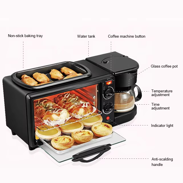 Compact All-in-One Breakfast Station with 7L Oven, Coffee Maker, Large Non-stick Griddle and Toaster Function, Ideal for Small Kitchens, Office Break Rooms