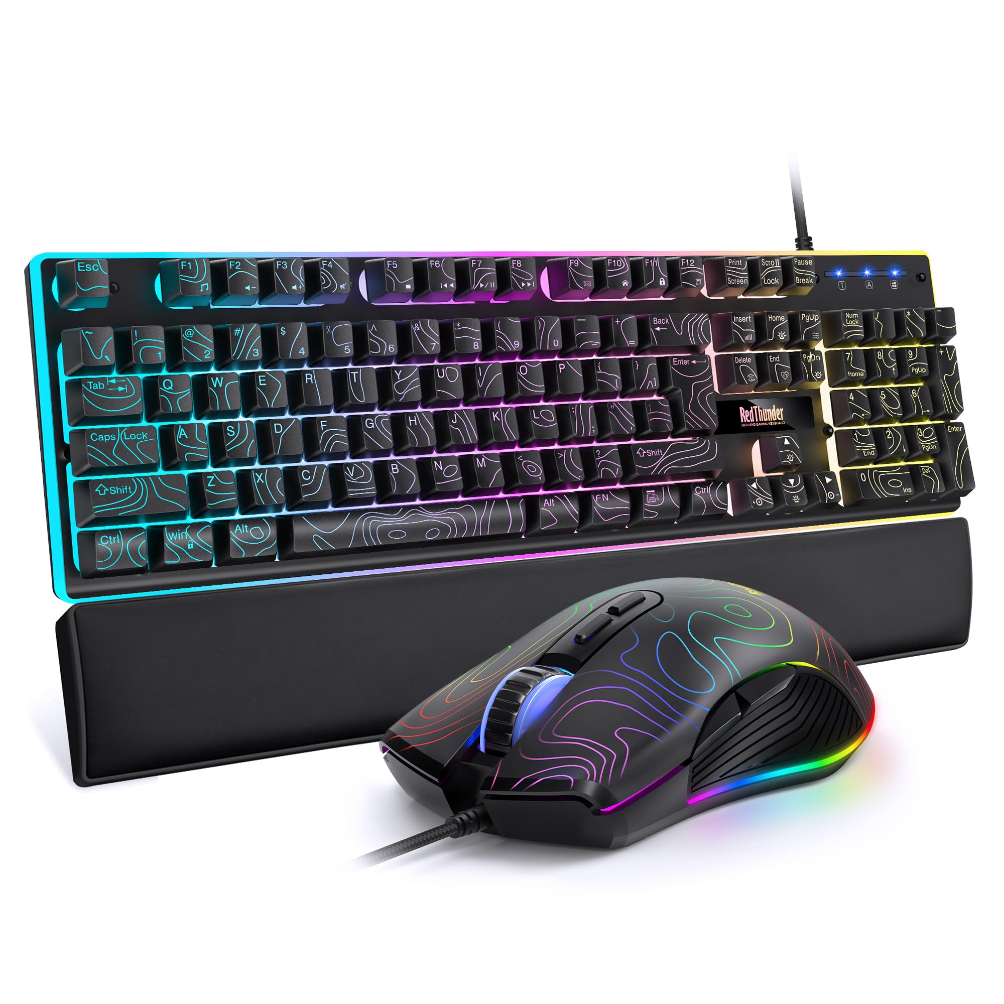 RedThunder K10 Wired Gaming Keyboard and Mouse and Wrist Rest Combo, RGB Backlit