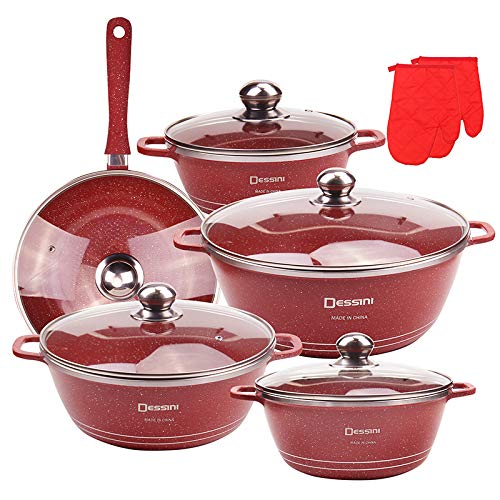 Dessini 12-Piece Granite Cookware Set,Die-Cast Granite Non-Stick Cooking Pot Set Red