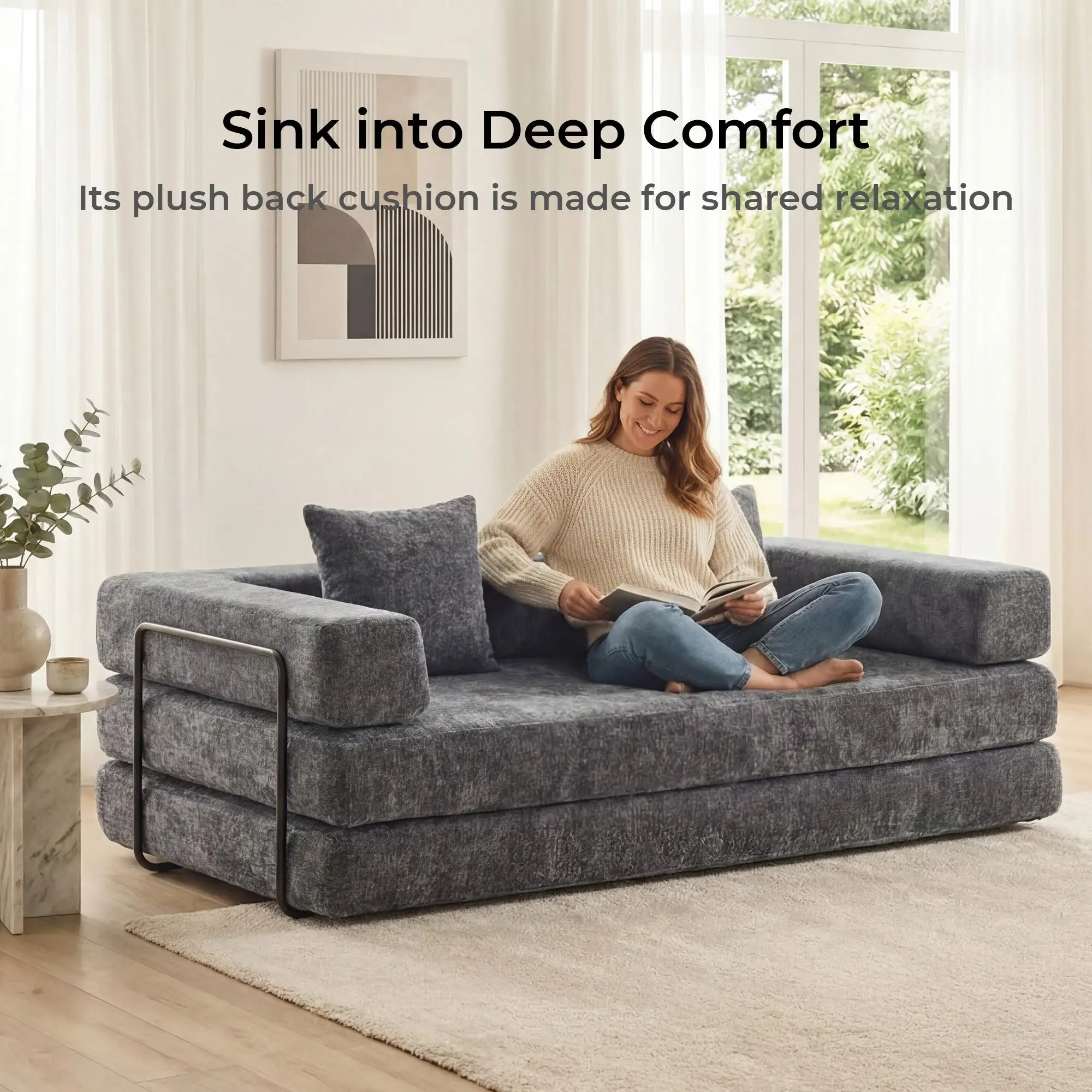 Floor Sofa Bed Convertible with Pillow Back Chenille Fabric for Living Room Bedroom