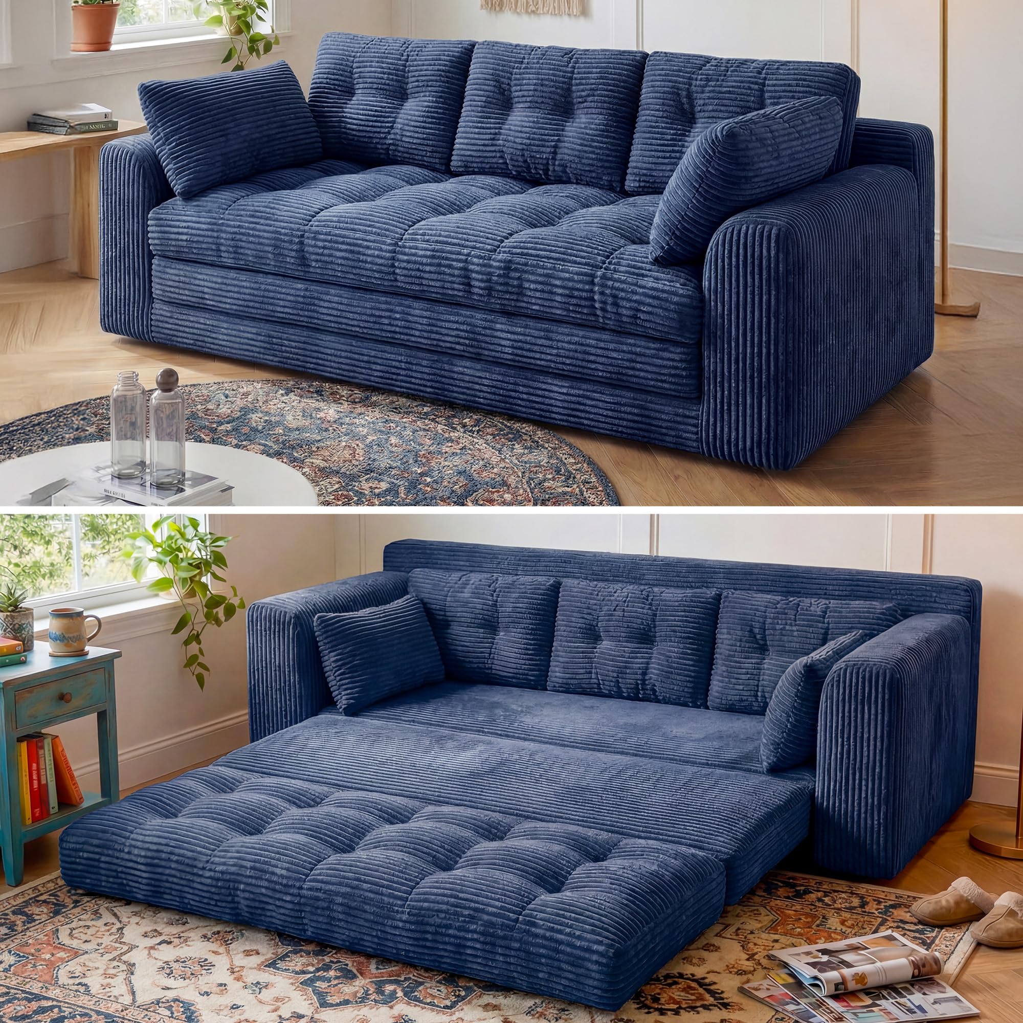 Homkdom Convertible Double Sofa Bed – Space-Saving Foldable Sofa Bed for Small Spaces – No Assembly Required – Pull-Out Sofa with Pillows (Grey)