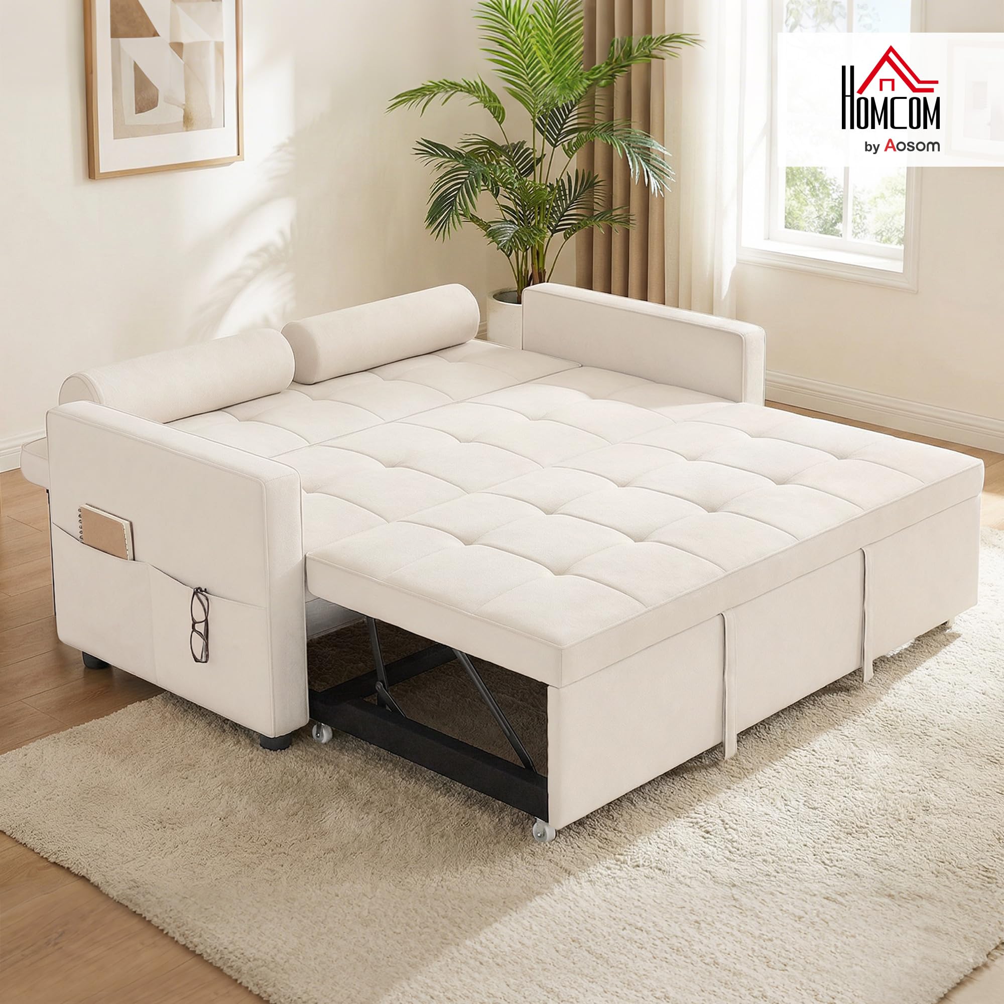 HOMCOM 2 Seater Sofa Bed 3 in 1 Upholstered Sofa Bed, Double Trundle Bed, Adjustable Backrest, 2 Cushions and Armrest Pockets, Linen Look Fabric, Beige