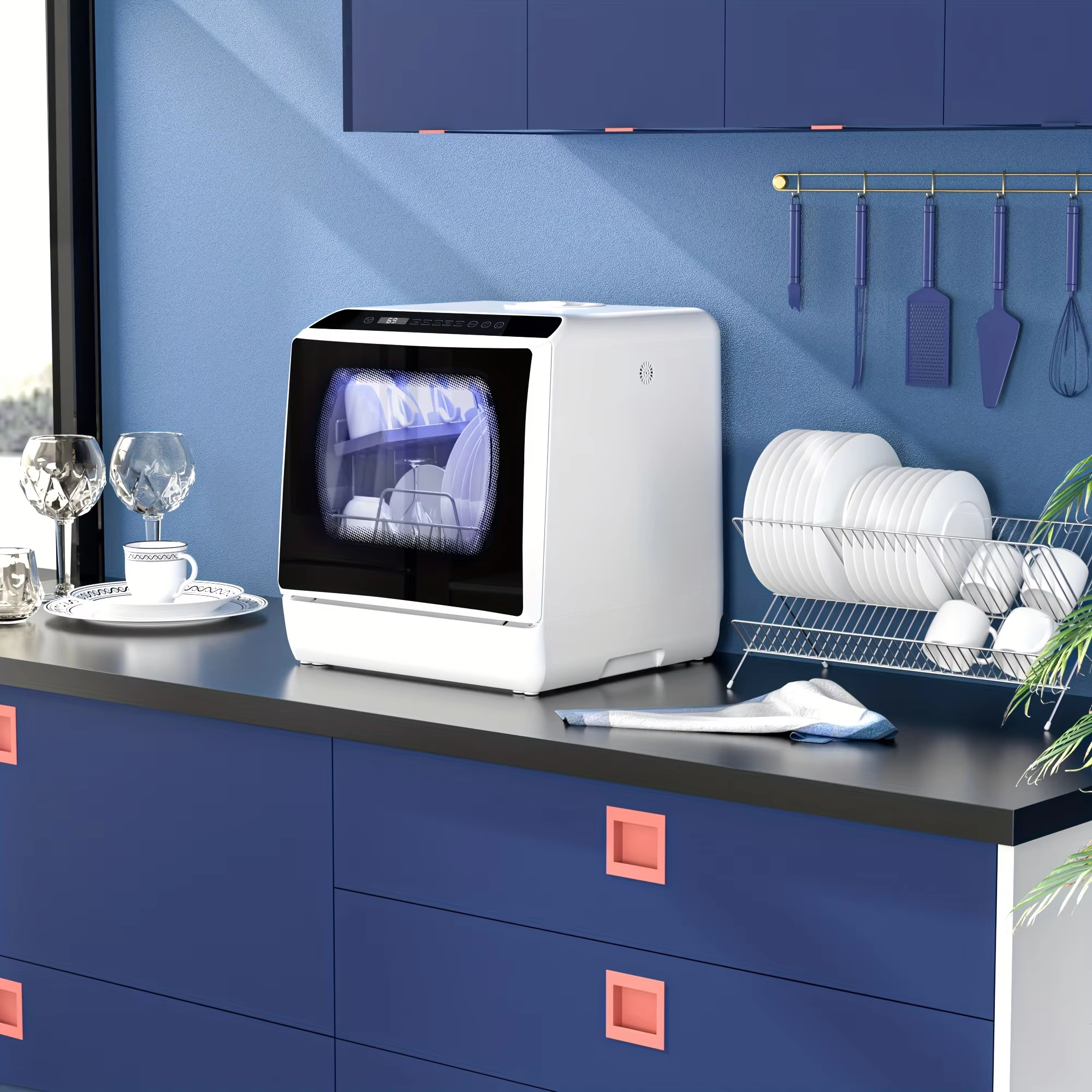 Mini Dishwasher, Fully Integrated Countertop Smart Portable Dishwasher, Kitchen Mini Dishwasher