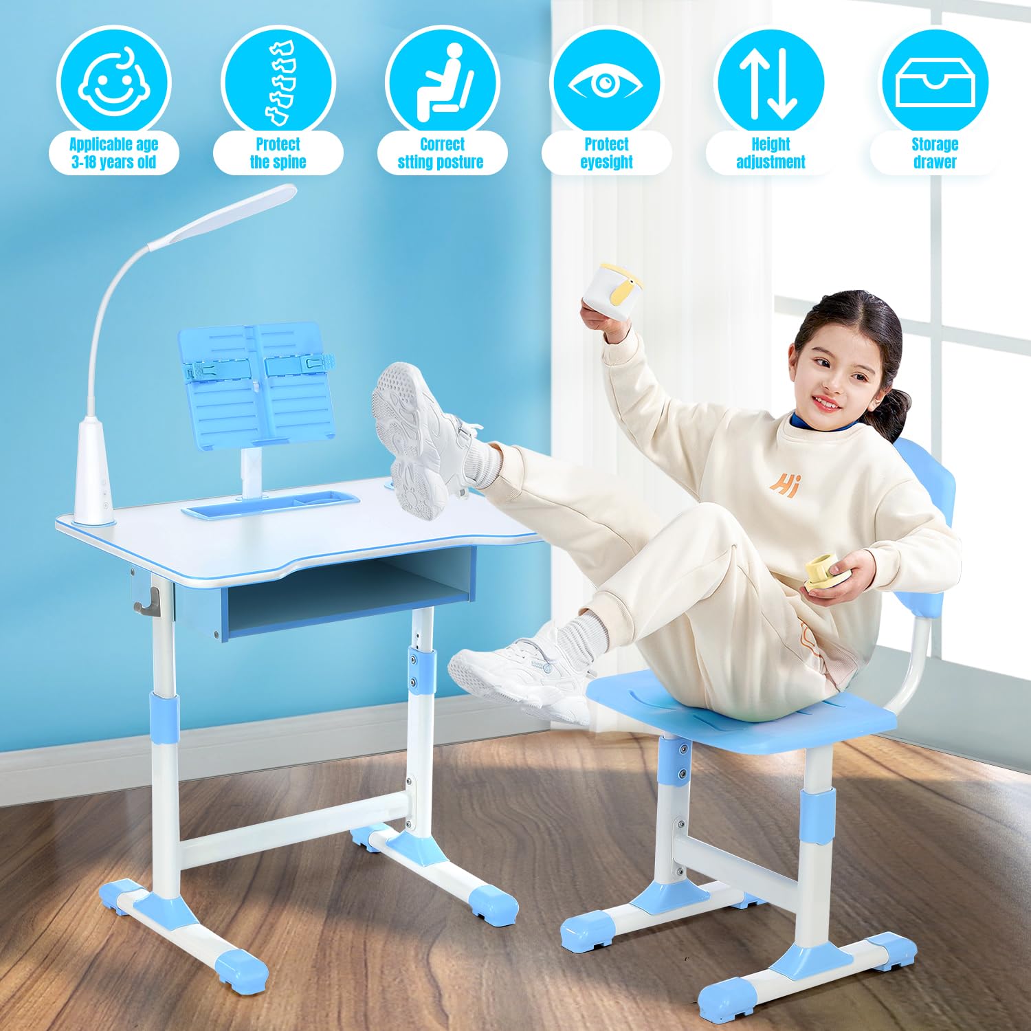 Kids Desk and Chair Set, Adjustable Height Study Table Set, Children's Table & Chair Sets with lamp, Drawer, Book Stand, Pen Slot - Blue