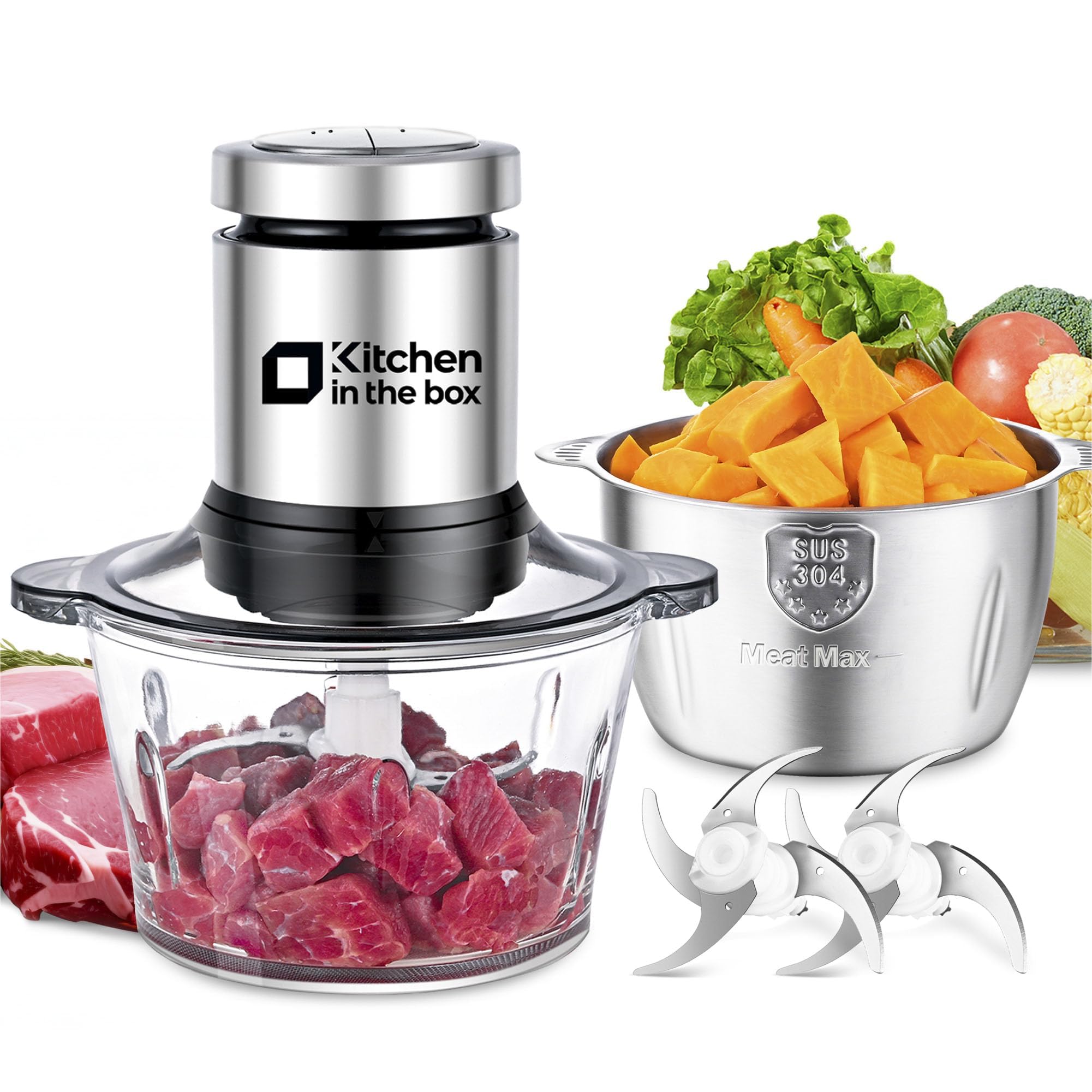 Boxed Kitchen Food Processor, Electric Meat Grinder & Food Chopper with Powerful 400W Motor – Includes 2 Bowls (8-Cup + 8-Cup) and 2 Dual-Layer Blades; Suitable for Meat, Fish, Vegetables, and Baby Food