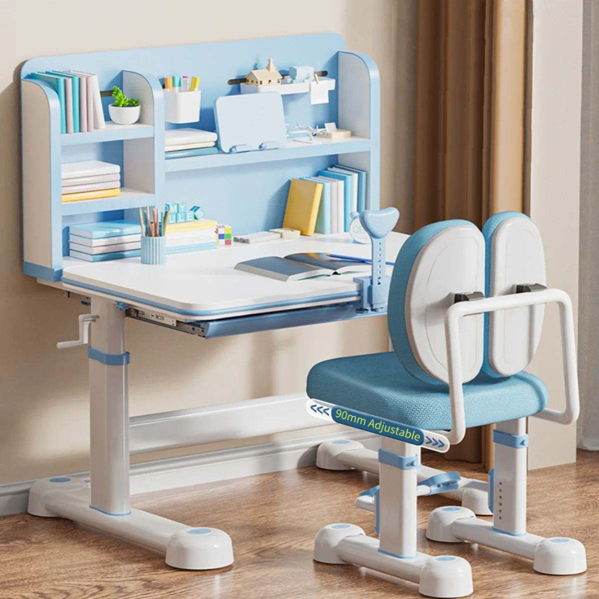 Adjustable height study desk and chair set for elementary school students to do homework and study at home