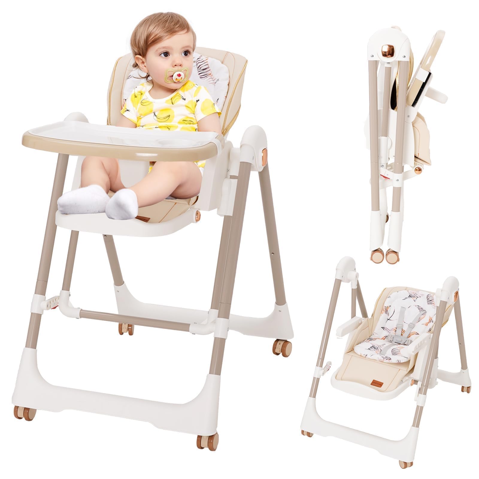 Highchair, Foldable Baby High Chair, Feeding Chair with Harness & Lockable Wheels, Height Adjustable High Chair with Removable Tray for Babies & Toddlers