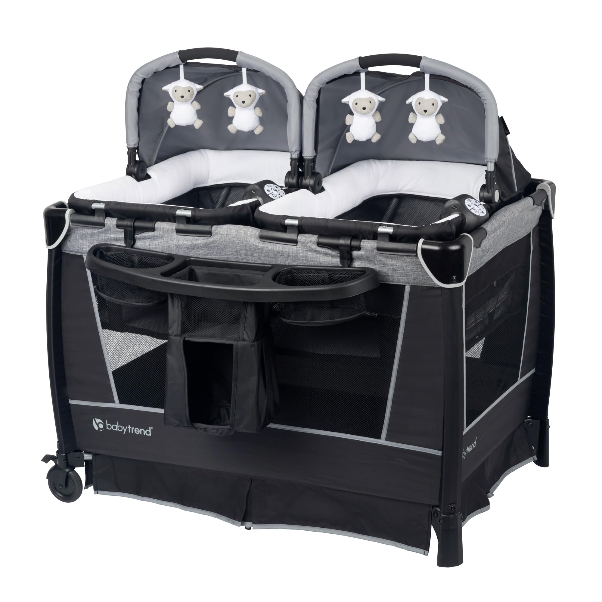 Baby Trend Retreat Nursery Center, featuring two detachable Rock-A-Bye bassinets, a changing table, an organizer, and a music center with a nightlight (Quarry pattern)